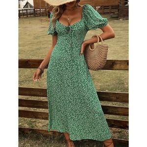 Ditsy Floral Print Puff Sleeve Knot Front Dress